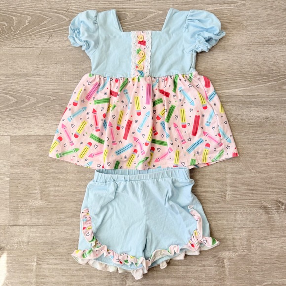 Marie Nicole Clothing Other - Marie Nicole Clothing Girls Crayon Pencil Print Matching Shorts Set Blue Pink 5T